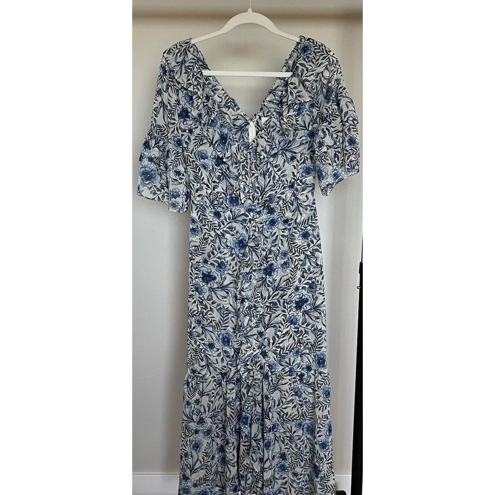 misa los angeles dress Floral Maxi Blue Short Bell Sleeve Ruffle SZ 2 Romantic